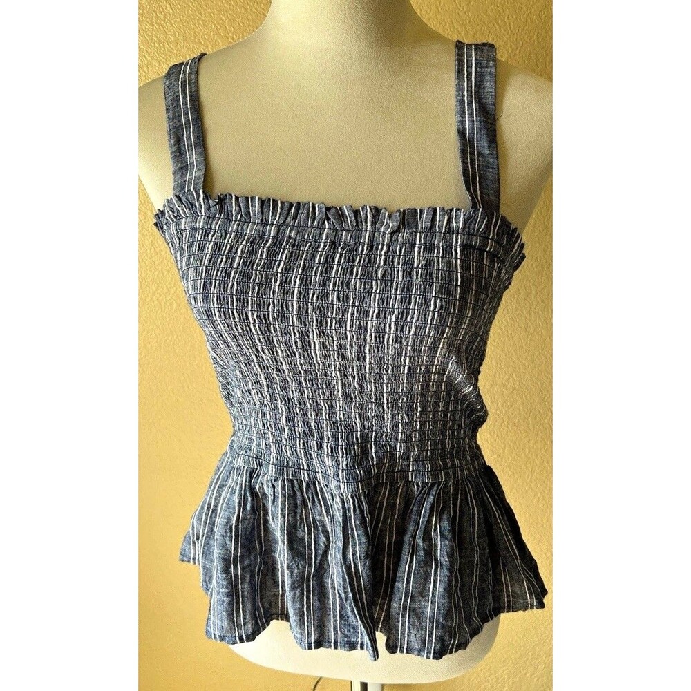 LOFT Women XS Blue White Striped Smocked Ruffle Hem Square Neck Tank Top